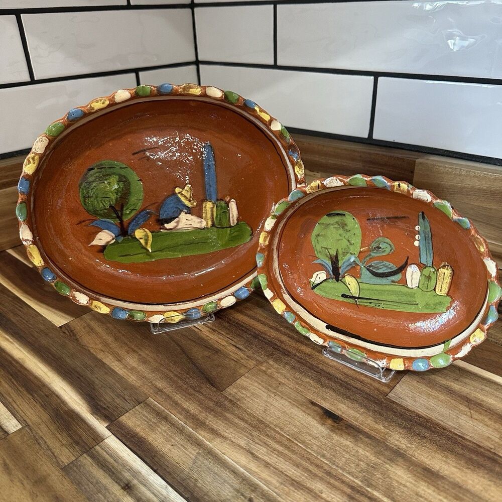 2 Vtg Talavera or Tlaquepaque Mexican Folk Art Redware Pottery Nesting Bowls